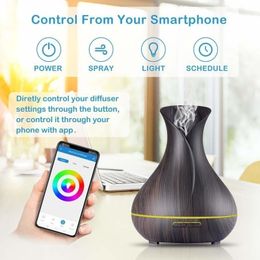 Smart WiFi Essential Oil Diffuser Compatible with Alexa Google Home App Control 400ml Dark Wood Grain Aroma Humidifier Y200416