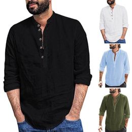 Men's Casual Shirts Soft Cotton Linen Man Blouse Summer V Neck Long Sleeve Men Tee Shirt Cardigan Loose Men's Camisas De HombreMen's