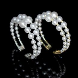 Bangle Imitation Pearl Bracelet 2 Row Crystal Open Ladies Girls Party JewelryBangle