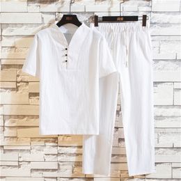 Arrival Men s Cotton and Linen Short Sleeve T shirt Ankle Length Pant Set Solid Shirt Trousers Home Suits Male Size M 5XL 220621