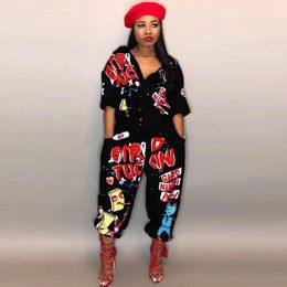 Women's Jumpsuits & Rompers Style Brand Fashion Hip Hop Women Jumpsuit Special Letter Turn Down Collar Half Sleeve Romper JumpsuitWomen's