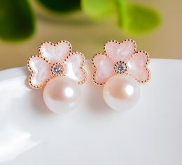 14k Gold plated Pink petals Crystal Ear Studs natural Freshwater pearl Earrings white Lady/girl wedding Fashion jewelry