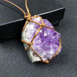 Pendant Necklaces Handcraft Wrap Braid Reiki Healing Raw Mineral Natural Cluster Quartz Necklace Amethysts Crystal Femme CollierPendant