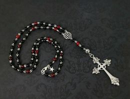 Chains Red & Black Gothic Rosary Necklace Long Cross Beaded Romantic Goth NecklaceChains