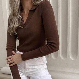 Women's T-Shirt Fashion Retro Women Solid Color V-neck Long Sleeve Knit Sweater 2022 Autumn Slim Pullover Knitted SweaterWomen's Women'sWome