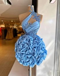 Light Blue African Cocktail Dresses Beaded Lace Appliqued Ruched Short Party Wear Prom Dress Homecoming Gowns