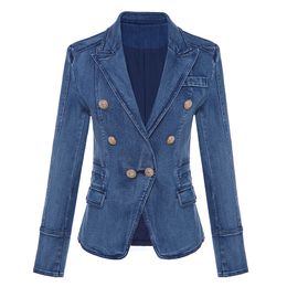 W026 HIGH QUALITY friends party business meeting Designer Blazer Women's Metal Lion Buttons Double Breasted Denim Blazer Jacket Outer Coat