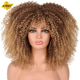 16"Short Hair Afro Kinky Curly Wigs For Black Women Synthetic Cosplay Blonde Wig African Natural Ombre Fluffy Glueless Lizzyhair 220707