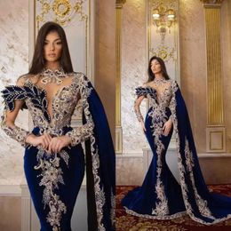 Luxury Velvet Royal Blue Mermaid Evening Dresses Sweep Train High Neck Long Sleeves Beaded Appliques Prom Dress Party Dress Vestidos Festa