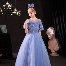 Blue Girls Pageant Sequined Toddler Gowns Jewel Long Formal Kids Party Ball Gown Flower Girl Dresses For Weddings 403