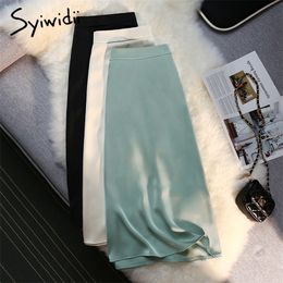 Syiwidii Silk Satin Long Skirts for Women 4 Seasons Elegant Female Midi A Line Side Zipper Back Elastic Band Fashion 220322