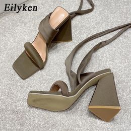 Eilyken Summer Black Cosy Silk Lace-up Sandals Women Fashion Ankle Strap Chunky High Heels Square Toe Female Party Shoes 220516