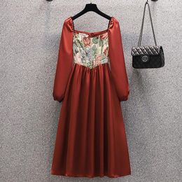 Casual Dresses Plus Size 4XL Women 2022 Autumn Elegant Embroidery Red Dress Square Collar Long Sleeve Vintage Satin Ladies Clothing