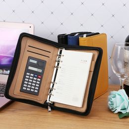 PU Leather Cover A6 Zipper Notebook Loose-Leaf Business Notepad With Calculator 220401