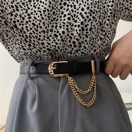 Belts Fashion Punk Leather Belt For Women With Chain Metal Pin Buckle Waist Strap Dress Jeans Decoration Waistband Harajuku