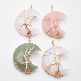 Pendant Necklaces Natural Crystal Tree Of Life Moon Shape Reiki Polished Mineral Jewelry Healing Stone For Men Women Gift 4pcs/lot