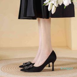 Black high heels women's thin heel pointed shallow mouth Rhinestone Buckle French wedding shoes temperament single shoes