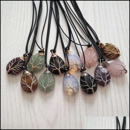 Pendant Necklaces Natural Agate Rose Quartz Crystal Stone Wire Wrap Handmade Tree Of Life Drop Gold Sier Color Pen Mjfashion Dhgit