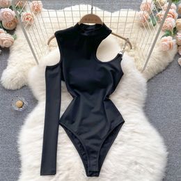Sexy Hollow Out Chain Strap Skinny Bodysuits Women Fashion Stand Collar One Sleeve Bodycon Jumpsuit Club Party Body Tops Outfits 220513