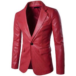 Male Slim High End Red PU Jacket Men Fashion Long Sleeve Formal Outerwear Faux Leather Spring Plus Size Coat Solid 2xl L220725