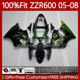 100% Fit OEM Body For KAWASAKI NINJA ZZR-600 600 CC 600CC 05-08 green flames Bodywork 134No.65 ZZR 600 ZZR600 05 06 07 08 2005 2006 2007 2008 Injection Mold Fairing Kit