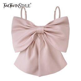 TWOTWINSTYLE Sexy Patchwork Bow Women Vest Square Collar Sleeveless Spaghetti Strap Slim Tunic Tank Tops Female Clothes 220628