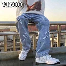Oversized Men's Wide Leg Y2K Clothes Women Hip Hop Ripped Jeans Straight Trousers Casual Mopping Denim Pants For Men Streetwear T220803