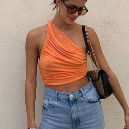 One Shoulder Crop Top Women Ruched Short Tank Sexy Women's Summer White Black Green Orange Cropped Cami s Y2K 220316