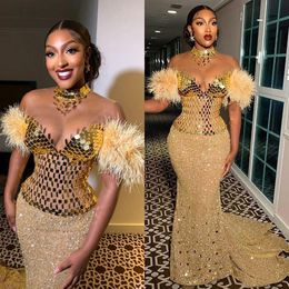 Arabic Aso Ebi Gold Sequins Mermaid Prom Dresses For Arabic Women Sexy Blackess Plus Size Evening Formal Party Second Reception Birthday Engagement Gowns Dress