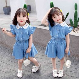 Girls Clothing Denim Vest Short Children's Clothes For Girls Patchwork Girls Tracksuit Casual Style Kids Tracksuit 210412