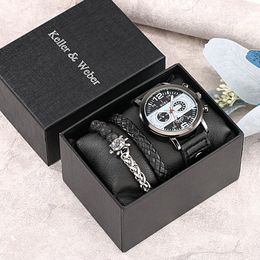 Men Watch Bracelet Set Black Leather Quartz Wristwatches Luxury Watches Business Clock For Boyfriend Husband Reloj Hombre