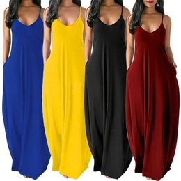 Summer Women Plus Size Dresse Womens Sexy VNeck Sleeveless Spaghetti Strap Sundress Ladies Solid Colour Long Dress S5XL 220527