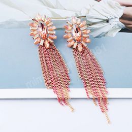 Colourful Crystal Long Metal Chain Dangle Drop Earrings High-Quality Luxury Pink Rhinestone Earring Jewellery For Women