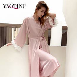 YAOTING Kimono Pink Silk Luxury Pajamas Satin Sexy Woman Nightgown Custom Bathrobe Nightie Sleepwear Home Clothes Robe 220621