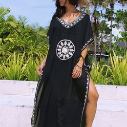 Black Oversize V Neck Moroccan Kaftan Beach Dress Plus Size Women Summer Half Sleeve Side Split Midi Dress Tunica Q643 220527