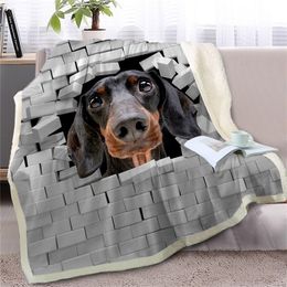 Dachshund Throw Blanket on Bed 3D Animal Dog Plush Sherpa Bulldog Bedspread Cracked Bricks Wall Thin Quilt Y200417