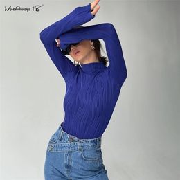 Mne18 Folds Chic Jersey T-Shirt Blue Turtleneck Tops Winter Inside Casual Bodycon Tee Female Long Sleeve Streetwear 220402