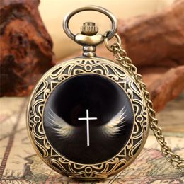 Antique Retro Cross With Angel Wings Pocket Watch Mens Womens Quartz Analog Clock 80cm Necklace Chain Gift