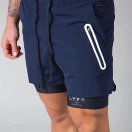 Summer Running Shorts Mens Gym Jogging Fitness Training Quick Dry Bodybuilding Mens Shorts 2 in 1 Navy Blue Casual Shorts 220611