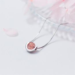 Pendant Necklaces Heart Natural Strawberry Crystal Pink Wafer Bead Clavicle Chain Transit Silver Colour Female Necklace SNE098Pendant
