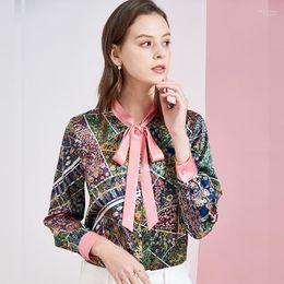 Women's Blouses & Shirts Green Bowtie Floral Silk Blouse Office Womens And Long Sleeve 2022 Summer Casual Sexy Boho Plus Size High Quality