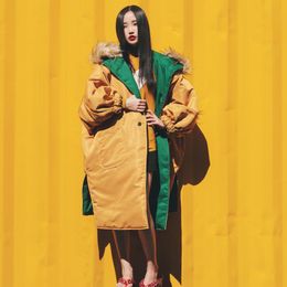 Women's Trench Coats 2022 SELLWORLDER Japan Style Yellow & Green Thick Cotton Removable Hat Two Side Long Jackets