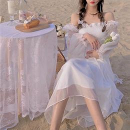 -Повседневные платья летние элегантные сказочные платье женское пляж одно кусок корейский шифоновый кружев