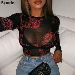 Rapwriter Chinese Style Dragon Print See Through Mesh Sexy T-shirt Female Fashion O-Neck Long Sleeve Summer Crop Tops Tees 210317