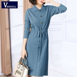 Vangull Women Knitted Dresses Solid Female Long Sleeve Dress Autumn Winter Turn-down Collar Button Solid Slim Dresses 220317