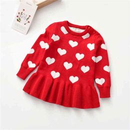 Sweet Kids Baby Girls Valentine's Day Dress, Wool Knitting Sweater Heart Printed Lace Short Skirt Pullover for Autumn 1-5Years G220506