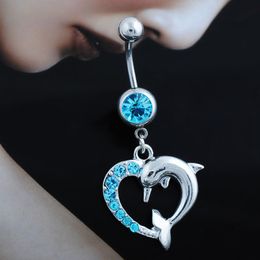 14G Dangle Dolphin Belly Button Ring 316L Stainless Steel Crystal Body Navel Barbell for Women and Girls