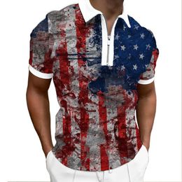 mens golf polos UK - Men's Polos American Flag Shirt For Men Print Zipper Shirts 3d Graffiti Golf Casual Short Sleeve Turn-Down Collar Gothic Mens ClothingMen's
