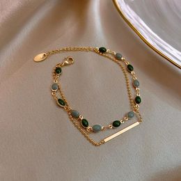 Charm Bracelets Korean Double Layer Oval Green Stone Crystal Beaded For Women Fashion Jewellery Vintage Bracelet BanglesCharm
