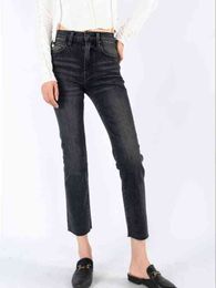 Women's Straight Sim Fit Grey Denim Pants Raw Edge Ladies Fashion Jeans For 2022 Autumn L220728